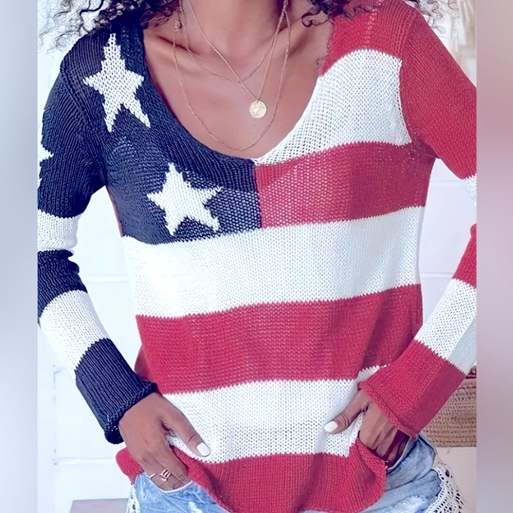 Red, White, and Blue Striped knitted Sweater with Stars